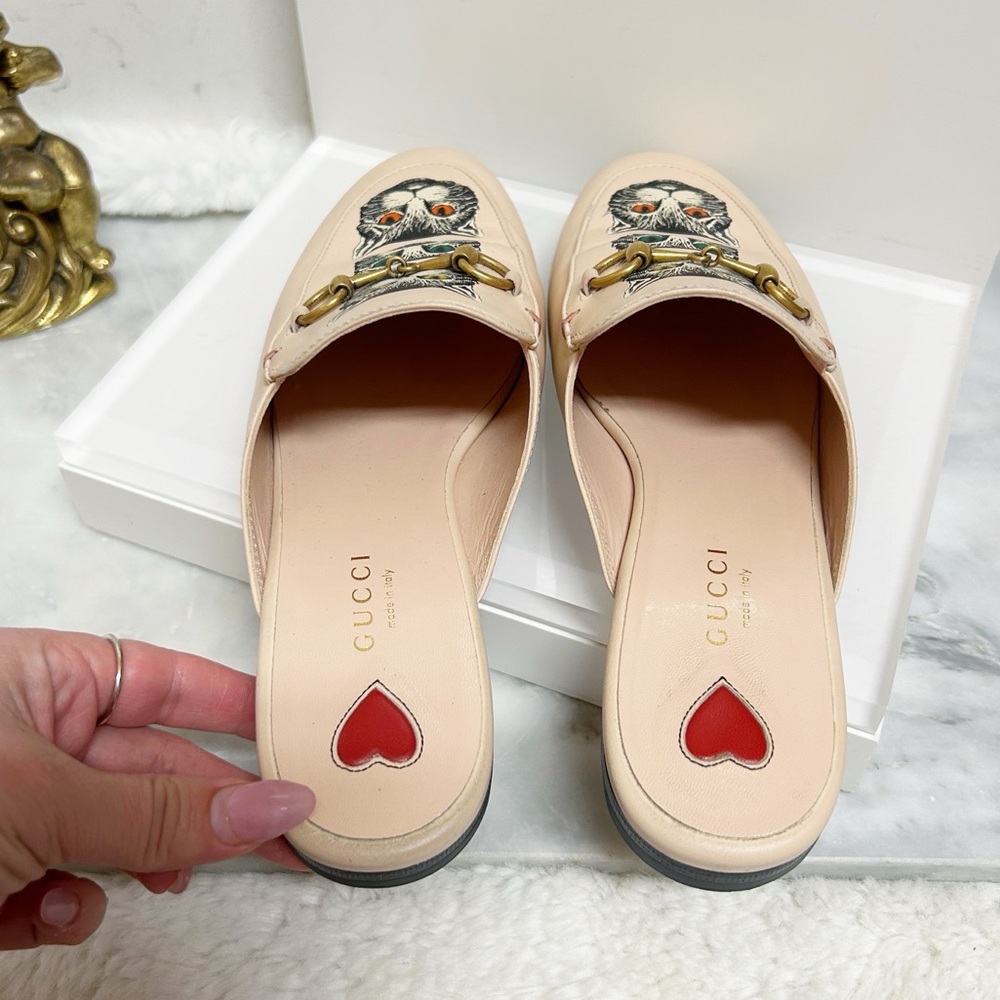 Authentic Gucci Cream / Pink Cat Embroidered Horsebit Leather Princetown Mules - Picture 10 of 14